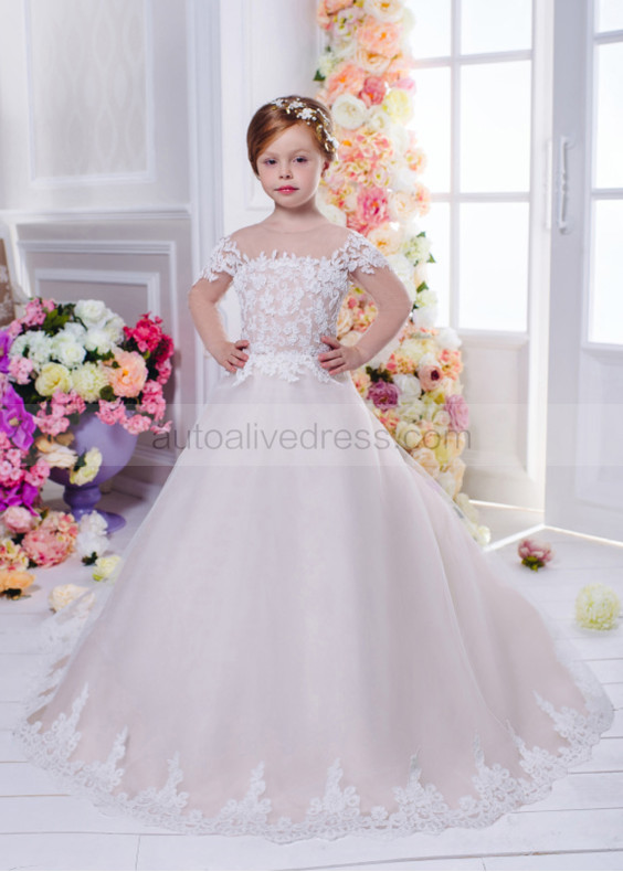 Ivory Lace Mauve Tulle Floor Length Flower Girl Dress